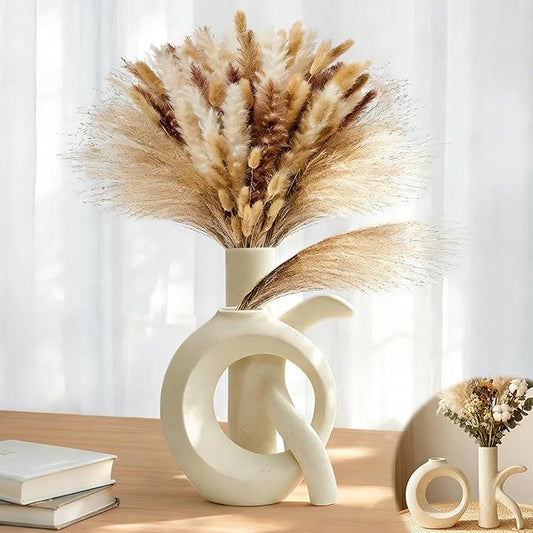 Assemble OK Ceramic Vase Set of 2 for Home Decor, Modern Boho Ins Style Matte Sculptural Flower Vase for Table Centerpiece, Living Room, Shelf, Mantle, Housewarming Gift (Beige White)