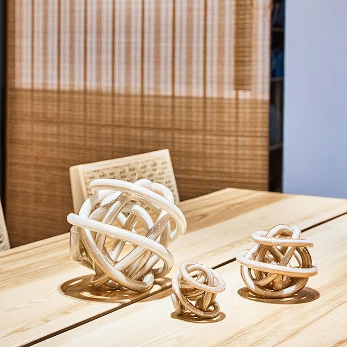 Luxury Lane Hand Blown Infinity Knot Sommerso Decorative Glass Ball for Bowls Home Decor 8 inch Tall Orbit Centerpiece Table Decoration Sculpture White Gold