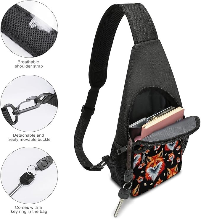 SWEET TANG Fashion Sling Backpack for Men Women, Lightweight Sling Shoulder Bag, Outdoor Chest Crossbody Bike Gym Runner Daypack with Adjustable Strap, Fox Face Art