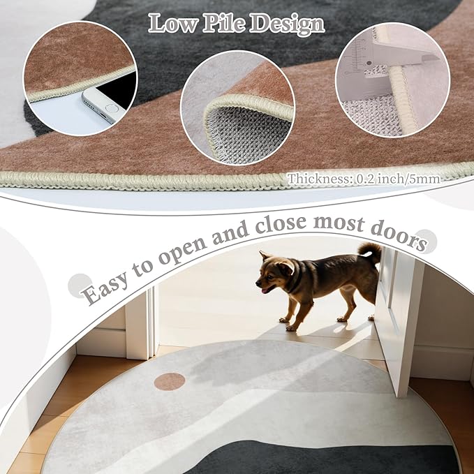 5ft Abstract Round Rug,Chic Washable Non-Slip Sun and Mountain Area Circle Rug,Soft Low-Pile Circle Throw Rugs for Living Room Sofa Kids Room Decor(Grey)
