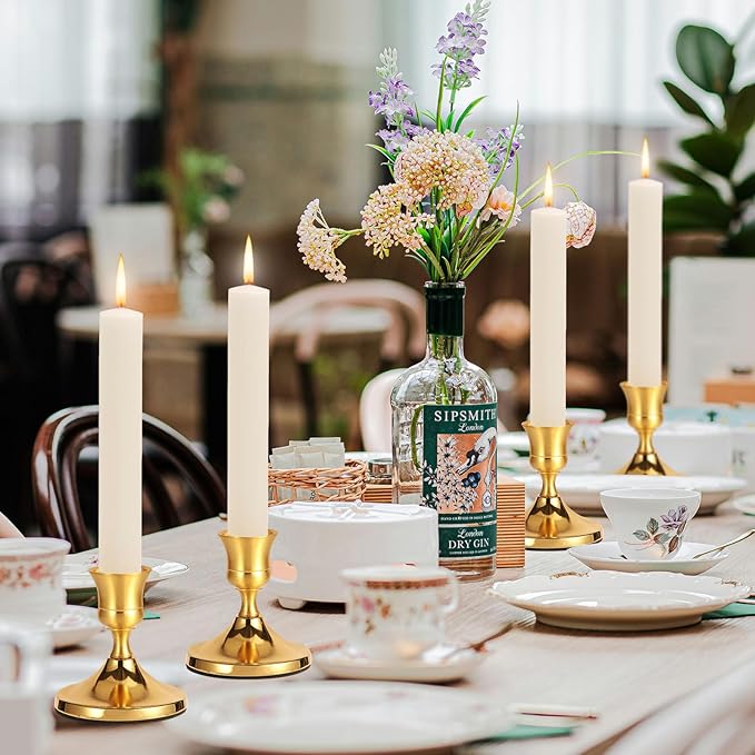 3 Pcs Brass Gold Taper Candle Holders, Vintage Metal Candlestick Holders Set for Dining Table, Wedding & Party Centerpiece Decor, Fits Standard Taper Candles, Mantel & Home Decorations