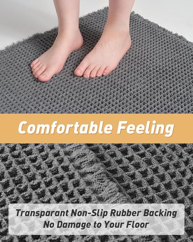AMOAMI Upgraded Waffle Bath Mat, Super Absorbent Non Slip Bath Mats for Bathroom Floor, Machine Washable Bathroom Rugs with Tassels, Rubber Backed Bathroom Mats, Ultra Soft, 18" x 30", Dark Grey