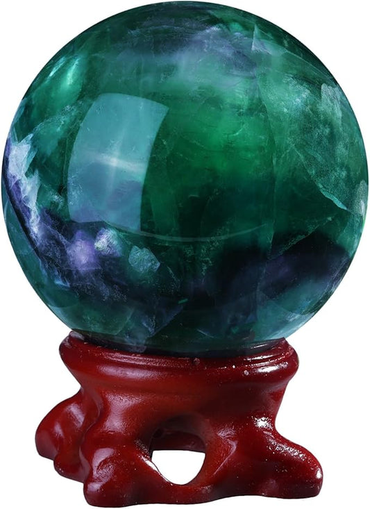 SUNYIK Natural Fluorite Ball Sphere with Resin Stand Polished Crystal Sphere Stone Figurine Decor for Home Office Tabletop, 2-2.3"(51-60mm)