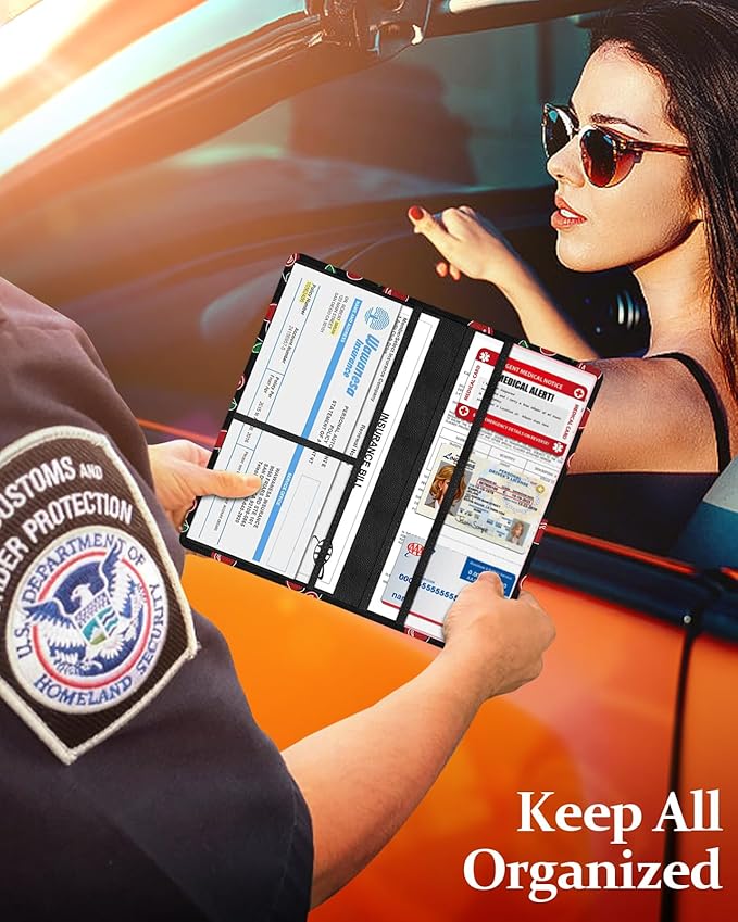 Slohif Car Registration and Insurance Card Holder with Magnetic Shut - Vehicle Glove Box Organizer Women Leather Automobile License Holders Coasters Auto Accessories Case for Document,Cherry