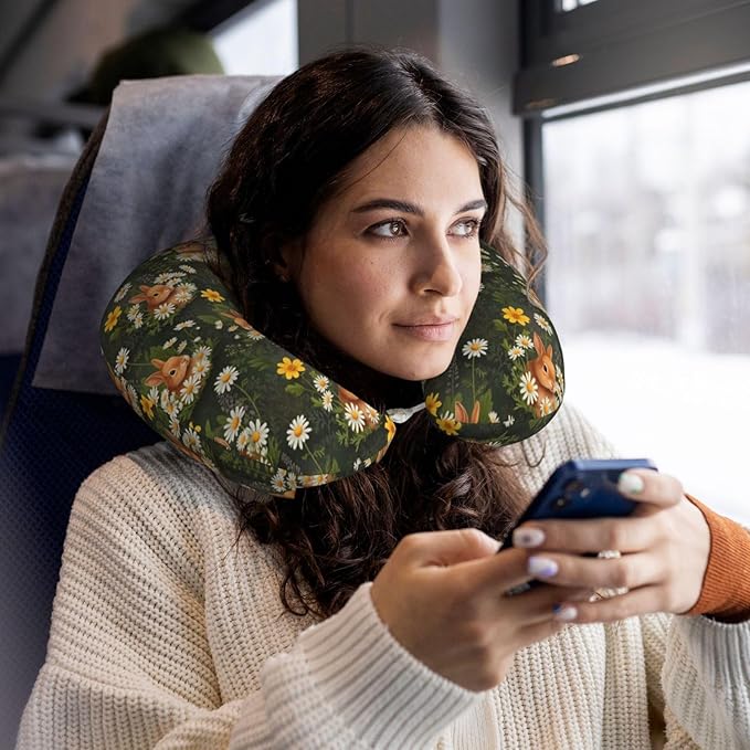 Comfortable Memory Foam Neck Pillow Rabbit Bunny, Travel U Shaped Airplane/Car/Flight Pillows with Removable Zipper Cover, Chin Head Neck Support Cushion