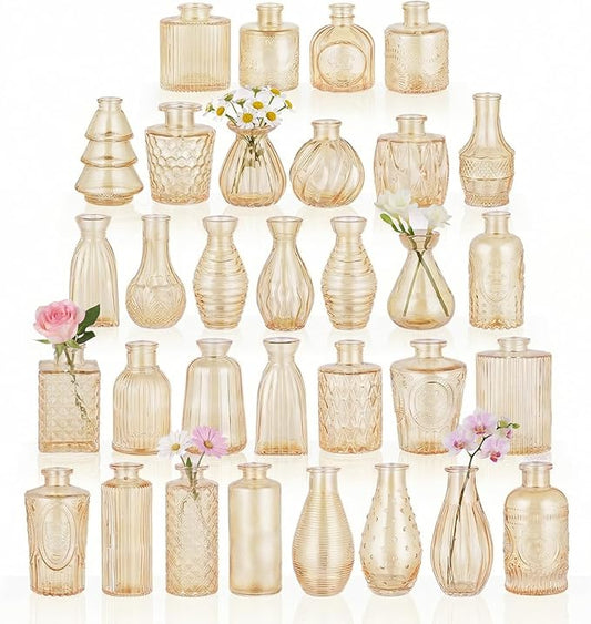 BEAHOT 32 Pack Gold Flower Vase in Bulk,Mini Vintage Glass Bud Vases for Centerpieces,Wedding Decor,Party & Home Decaration,Mother's Day (Gold)