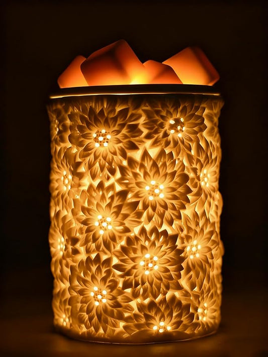 Sunflower Flower Wax Melt Warmer with Timer Dimmable Electric White Ceramic Christmas Oil Melter Cute Small Aromatherapy for Women Home Decorative Burner Light Scented Candle Tart Scent Warm Fragrance