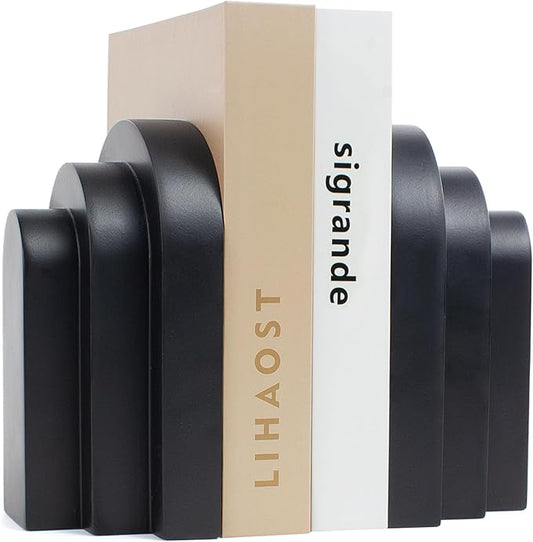 Heavy Duty Book Ends for Shelves, Decorative Bookends for Heavy Books Set of 2, 6.6 LBS Modern Book Stopper for Home Decor, Bookshelf, Aesthetic Bookend with Layered Arch Design, Black
