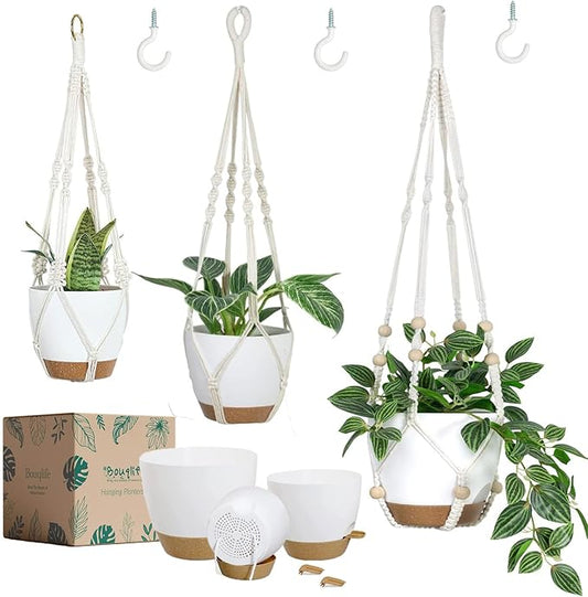 Hanging Planters with Macrame Plant Hangers for Indoor Outdoor Plants 3 Set Self Watering Pots Hanging Baskets Flower Pot Holders 3 Different Size