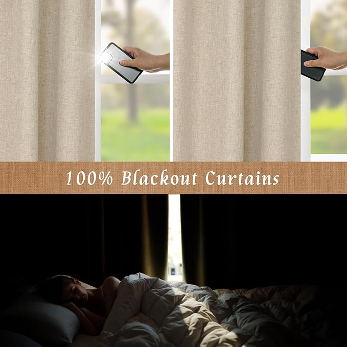 LAMIT Natural 100% Blackout Linen Curtains, 54 Inches Linen Textured Thermal Bedroom Curtains Back Tab and Rod Pocket Neutral Panels with White Liner for Farmhouse, 2 Panels, 42 x 54 Inch, Linen