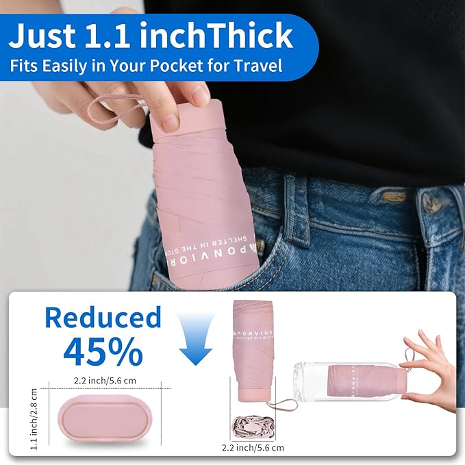 Compact Mini Windproof Travel Umbrella-UPF 50+ Sun & Rain Protection, Small Folding Design Fits in Pocket or Purse, Lightweight Portable with Case for Women, Men & Kids