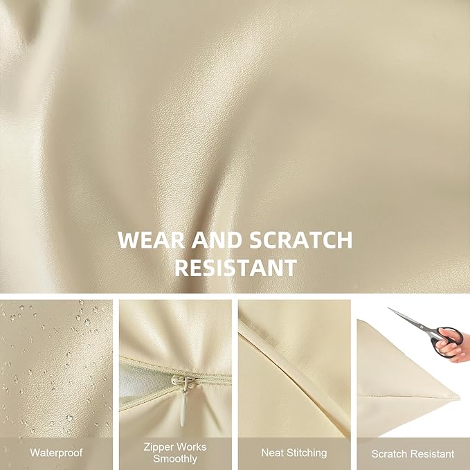 Faux Leather Throw Pillow Covers 16X16 Inch Beige Outdoor Modern Farmhouse Solid Decorative Pillow Covers for Room Couch Living Bedroom Bed Sofa