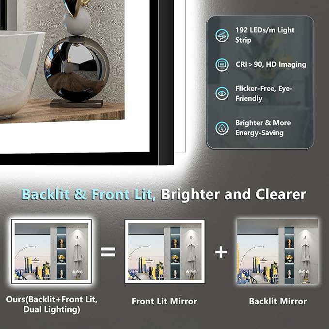 24x36 Black Framed LED Bathroom Mirror with Lights, Backlit and Front Lit, Anti-Fog Lighted Vanity Mirrors for Bathroom Wall, Dimmable, 3-Color Light, Memory, Shatter-Proof, HD Tempered Glass