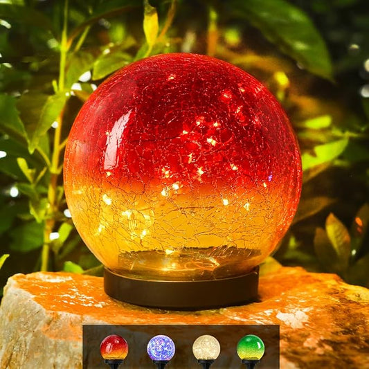 Outdoor Waterproof Solar Gradient Red Globe Lights, Led Solar Round Gazing Balls Ornaments for Lawn Garden Patio Table Art Decoration, Back Yard Landscape Illuminated Cracked Glass Sphere Light Orbs