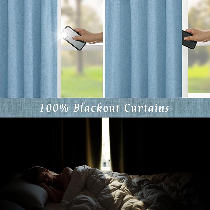 LAMIT Blue 100% Blackout Linen Curtains, 63 Inches Linen Textured Thermal Bedroom Curtains Back Tab and Rod Pocket Neutral Panels with White Liner for Farmhouse, 2 Panels, 38 x 63 Inch