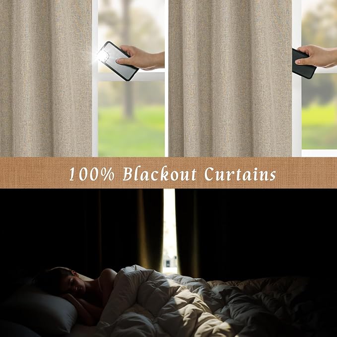 LAMIT 100% Blackout Natural Linen Curtains, 72 Inches Linen Textured Thermal Bedroom Curtains Back Tab and Rod Pocket Neutral Panels with White Liner for Farmhouse, 2 Panels, 52 x 72 Inch, Taupe
