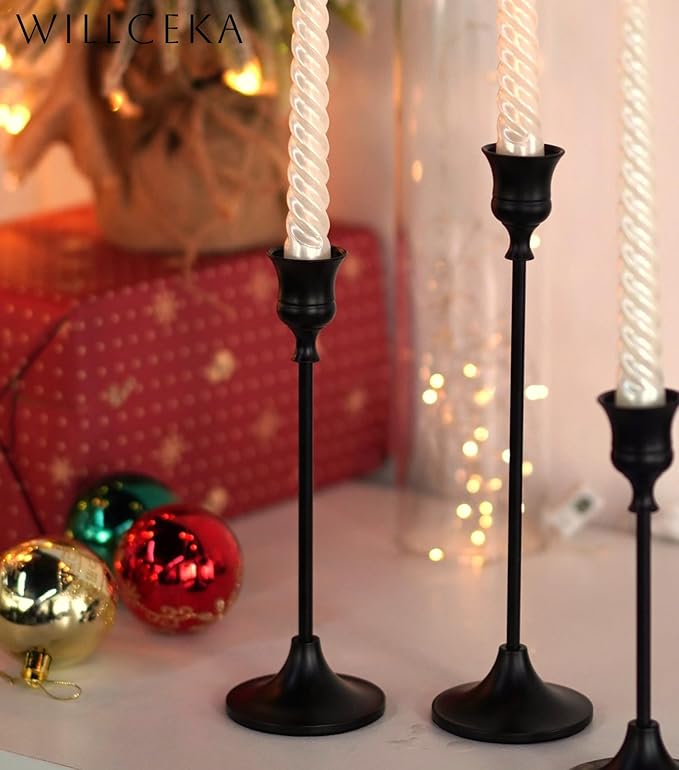 Willceka Black Candlestick Holders, Taper Candle Holders, Set of 6 Matte Black Candle Holder Set, Vintage Table Centerpiece for Wedding Christmas Holiday