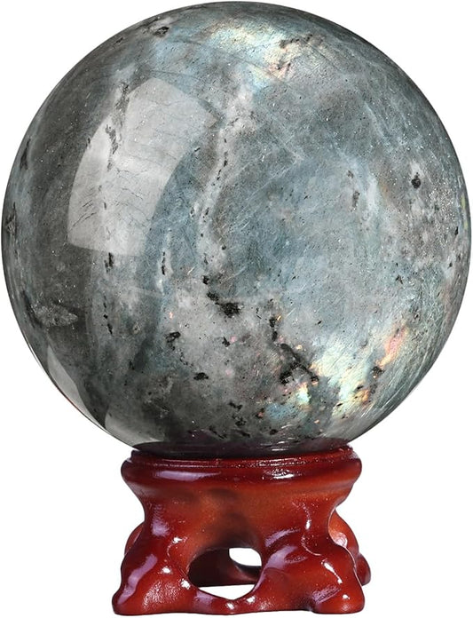 SUNYIK Natural Labradorite Ball Sphere with Resin Stand Polished Crystal Sphere Stone Figurine Decor for Home Office Tabletop, 2.4-2.7”(61-70mm)