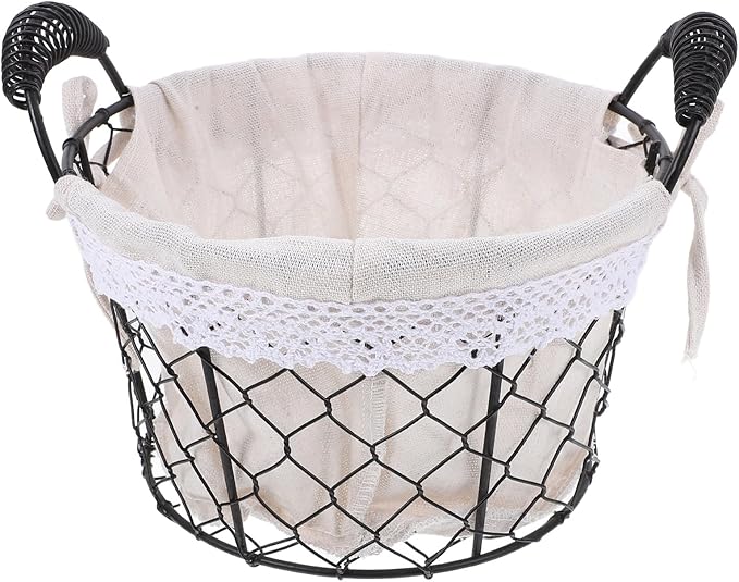 Metal Wire Storage Basket with Handle and Fabric Liner Round Rustic Bread and Candy Basket for Table Fruit Organizer for Home Decor