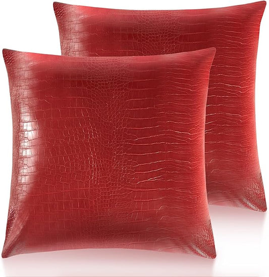 Faux Leather Throw Pillow Covers 18X18 Inch Set of 2 Christmas Red Outdoor Modern Farmhouse Solid Decorative Pillow Covers for Room Couch Living Bedroom Bed Sofa