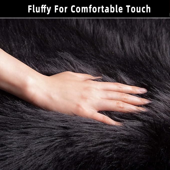 Black Faux Fur Sheepskin Area Rug for Living Room Bedroom, 4 x 6 Feet Ultra Soft Shaggy Fuzzy Furry Carpet Chair Throw Large Rugs for Kids, Girls, Nursery Room Decor Dorms