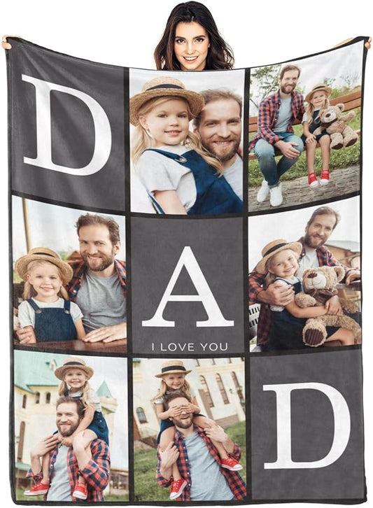 Gudina Fathres Day Custom Blanket with Photos Text Gifts for Dad Customizable Blanket Photo Blankets Personalized Blanket Thows with Picture Customize for Mom Dad