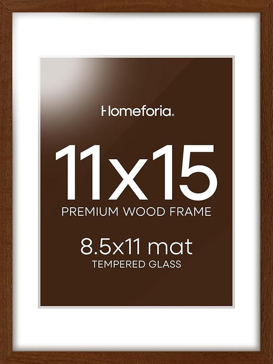 Homeforia 11x15 Brown Picture Frame, High End Dark Oak 11x15 Walnut Poster Frame with Mat 8.5x11, 11 x 15 Wooden Frames Matted to 8 by 11 inch Photo, 15x11 Frames, Tempered Glass, Wall Kit, Set of 1