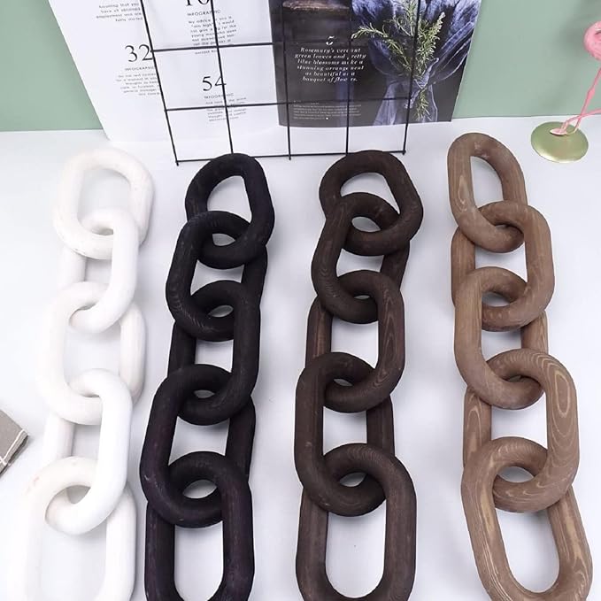 Decorative Wood Chain Link Modern Boho Home Farmhouse Decor, 5 Link Chain Decor Hand-Carved Wooden Aesthetic Crafts, Sustainable Pine Wood for Shelf, Living Room, Rustic Country