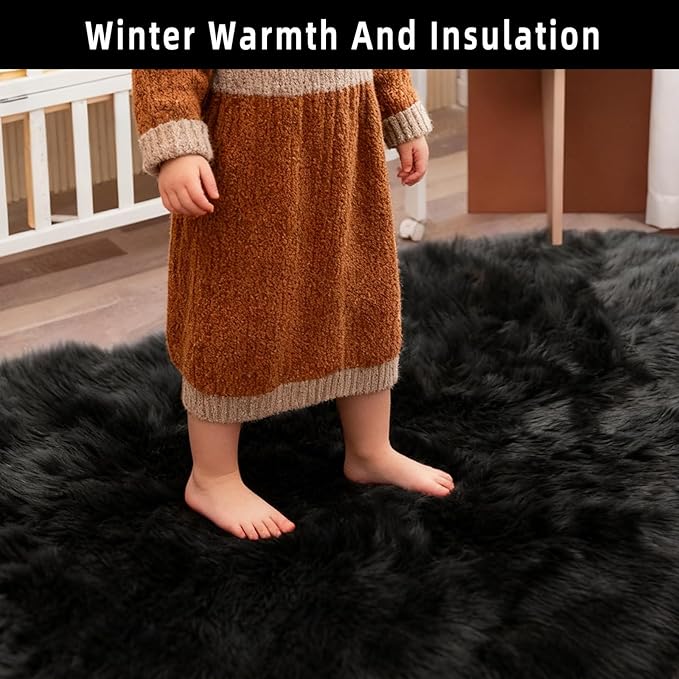 Black Faux Fur Sheepskin Area Rug for Living Room Bedroom, 6 x 6 Feet Ultra Soft Shaggy Fuzzy Furry Carpet Chair Throw Large Rugs for Kids, Girls, Nursery Room Decor Dorms