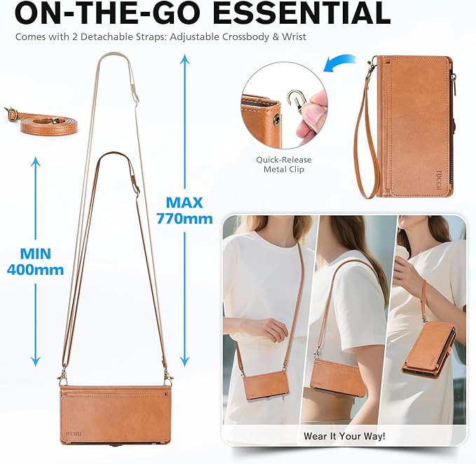 TUCCH Removable Crossbody Case Wallet for iPhone 17 Pro Max 6.9" 2025, Wireless Charging, RFID Blocking 10 Card Slots, Lanyard Wrist Strap, Zipper Pocket, PU Leather, Stand Magnetic Cover, Light Brown