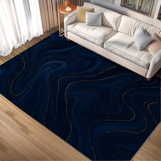 Luxury Marble Rug - 2x6 Runner Rug, Navy Blue Marble Runner Carpet, Modern Abstract Entryway Rugs, Washable & Non Slip Carpet Home Decor