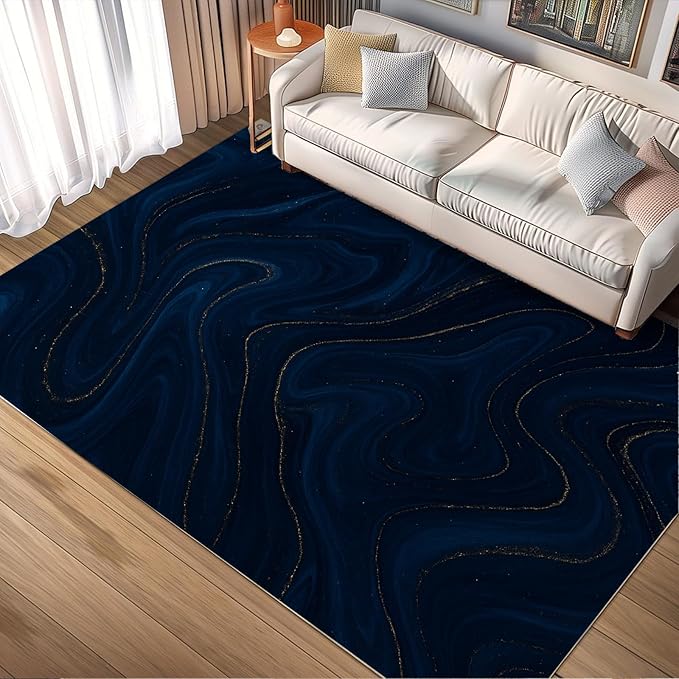 Luxury Marble Rug - 5x8 Area Rug, Navy Blue Marble Rugs, Modern Abstract Outdoor Rugs, Washable & Non Slip Carpet Home Decor