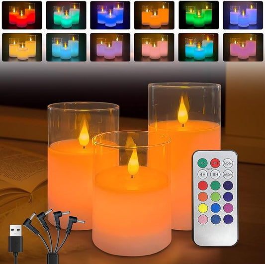 Rechargeable RGB Flameless Candles, Clear Glass LED Pillar Candle with Remote & Timer, Set of 3 — Color-Changing Decorative Candles for Living Room, Bedroom, Holiday Décor & Gifts for Women