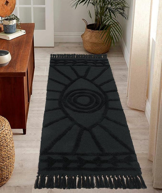 Uphome Boho Runner Rug 2'x5' Washable Evil Eye Tufted Bedroom Rugs with Tassels Soft Cotton Woven Kitchen Rug Modern Minimalist Dark Gray Throw Rugs for Living Room Laundry Room Bathroom