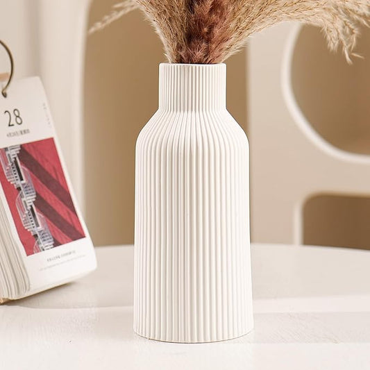 Bohemian White Ceramic Vase - for Pampas Grass, Mantel, Bookshelf, Entryway and Living Room Decor (White, 7in)