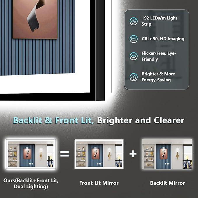 50x36 Inch Black Framed LED Bathroom Mirror with Lights, Backlit & Front Lit, Anti-Fog Lighted Vanity Mirrors for Bathroom Wall, Dimmable, 3-Color Light, Memory, Shatter-Proof, Tempered Glass