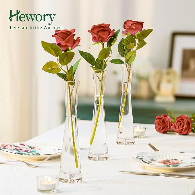 Hewory Glass Bud Vases for Centerpieces Set of 6, Handmade Modern Clear Small Skinny Decorative Single Flower Vase, Minimalist Slim Floral Vase for Home Wedding Party Events Table Decor, 9.64"