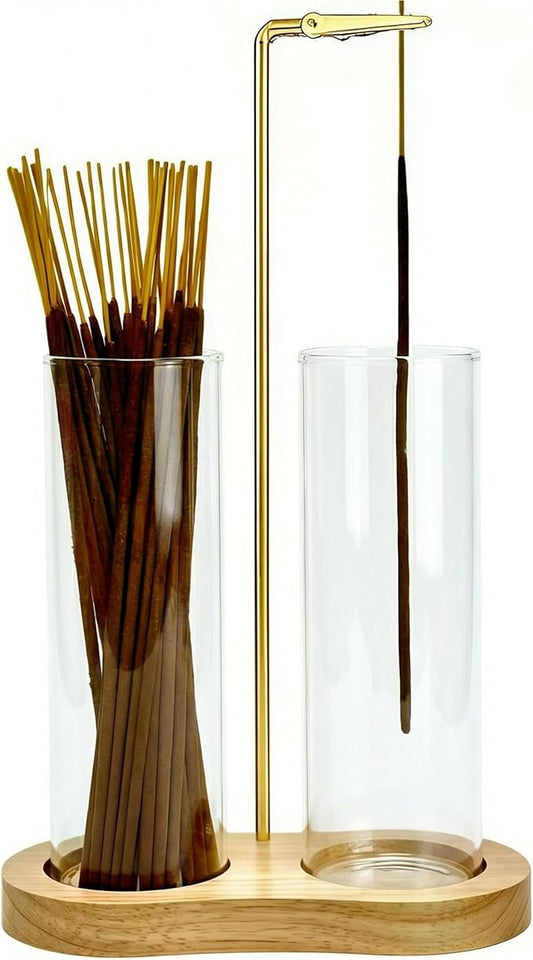 Glass Incense Holder, Incense Sticks Burner Holder with Storage,Hang Upside Down Incense Holder for Sticks with Glass Ash Catcher for Meditation Yoga Spa Room Decor (Natural)