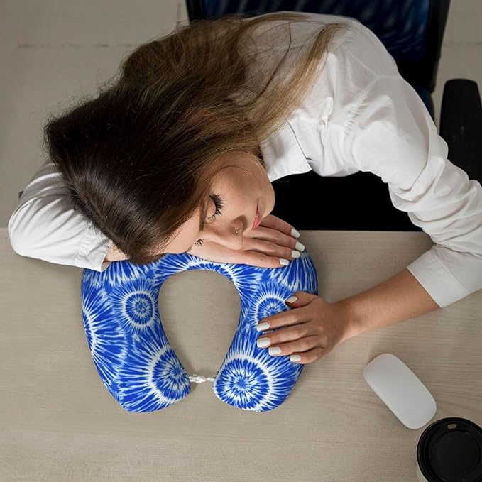 Support Neck Pillow for Youth Travel, Washable Airplane Chin Supporting and Relax U Shaped Pillows Blue Tie Dye