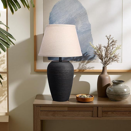 Ceramic Pot Table Lamp 21.25 inch Tall Striped Nightstand Lamp, Tapered Fabric Shade Bedside, Ceramic Decorative for Living Room Bedroom House Office Entryway, TL2