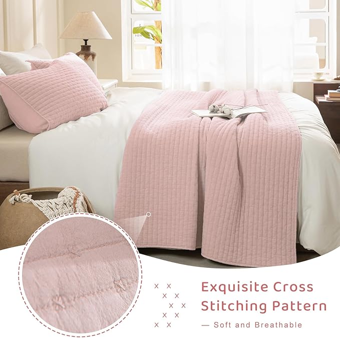 Sanracie Stonewashed Cotton Coverlet Oversized King(120"x120"), Light Pink Cross Stitch Pattern California King Quilt Sets 3Pcs Ultra Soft Lightweight Crinkle Bed Coverlet Set for All Season