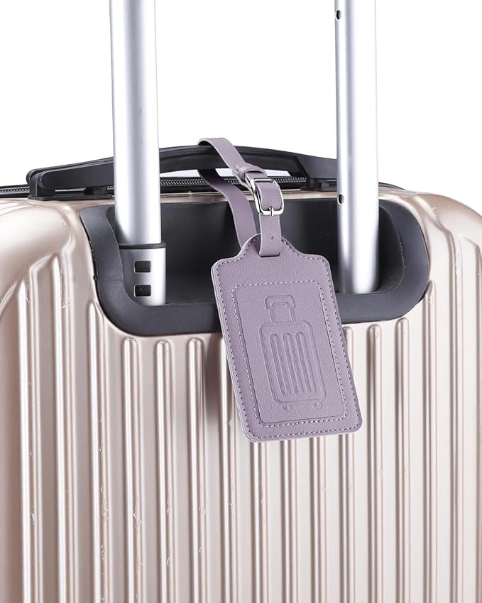 Teskyer Luggage Tags for Suitcases, TSA Approved with Privacy Protection Cover, Premium Faux Leather Bag Tags for Travel - 4 Pack, Purple