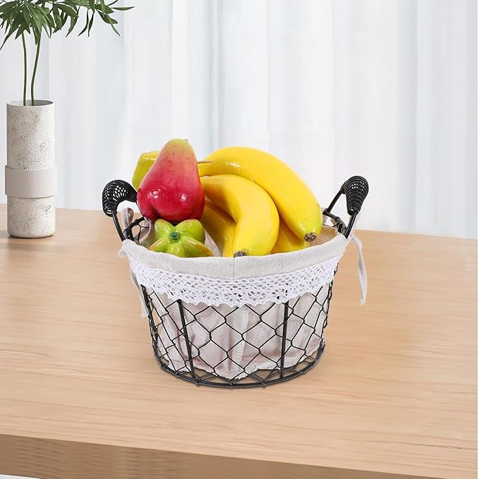 SAFIGLE Iron Wire Basket with Handle and Fabric Liner, Metal Storage Basket for Fresh Eggs and Bread Serving, Rustic Fruit Organizer for Kitchen and Coffee Table