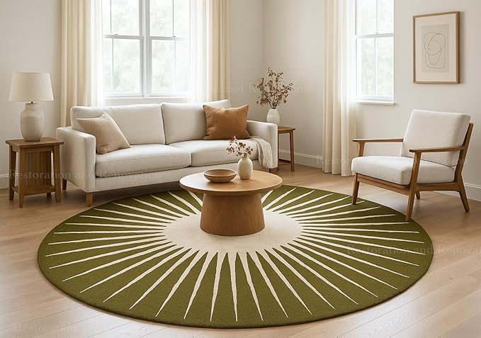 Modern Round Area Rug – Hand-Tufted with 100% NZ Wool, Thick & Soft Circular Carpet for Living Room, Bedroom & Dining Room Decor (Moss Green, 10' Round)