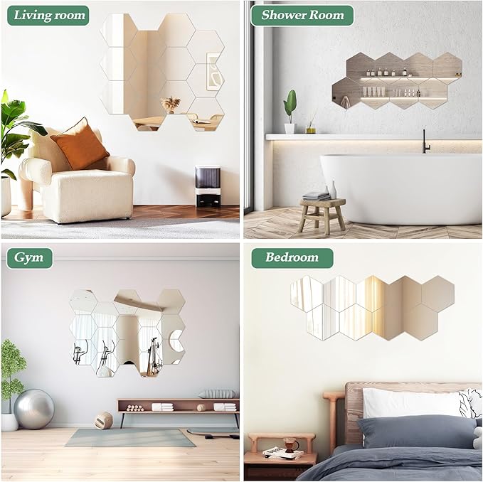 Abyssaly 4 Pack Acrylic Mirror Stickers, 3D Hexagon Flexible Plastic Mirror Tiles for Wall, Frameless Non-Glass Full Length Stick on Espejos Wall Tile Sheets for Bedroom Home Gym Door, 7.87" x 7.87"