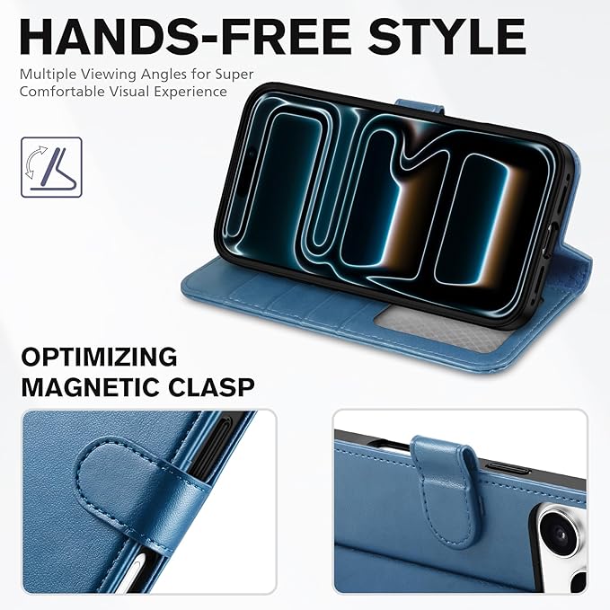 TUCCH Wallet Case for iPhone 17 Pro (6.3-Inch) 2025, Wrist Strap | RFID Blocking 4 Card Holders | Stand | Shockproof TPU Shell | PU Leather | Magnetic | Protective Flip Cover | Light Blue
