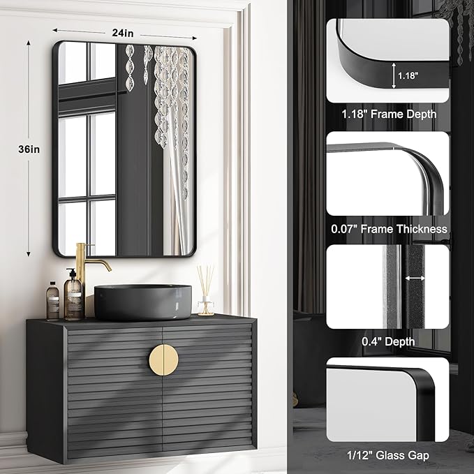 Bathroom Mirrors for Over Sink,2Pcs 24x36Inch Vanity Mirrors for Wall,Black Metal Frame Rectangle Mirrors for Bathroom,Farmhouse,Restroom,Hangs Horizontally or Vertically