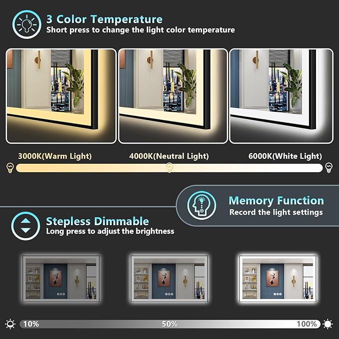 66x36 Inch Black Framed LED Bathroom Mirror with Lights, Backlit & Front Lit, Anti-Fog Lighted Vanity Mirrors for Bathroom Wall, Dimmable, 3-Color Light, Memory, Shatter-Proof, Tempered Glass