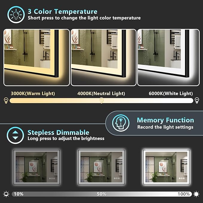 48x40 Inch Black Framed LED Bathroom Mirror with Lights, Backlit & Front Lit, Anti-Fog Lighted Vanity Mirrors for Bathroom Wall, Dimmable, 3-Color Light, Memory, Shatter-Proof, Tempered Glass