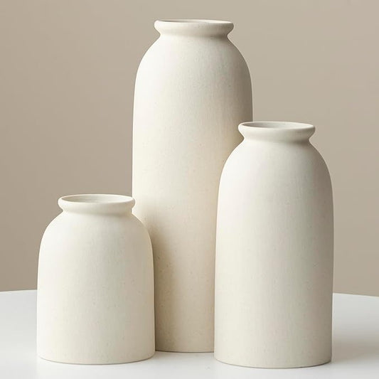 Ceramic Vase Set-3, Large Flower Vases for Decor, Modern Boho Farmhouse Style, 10.4 Inch Tall, 4 Inch Width, Beige Color, Decorative Vases for Pampas Grass, Dried Flowers and Fresh Flowers (XL Beige)